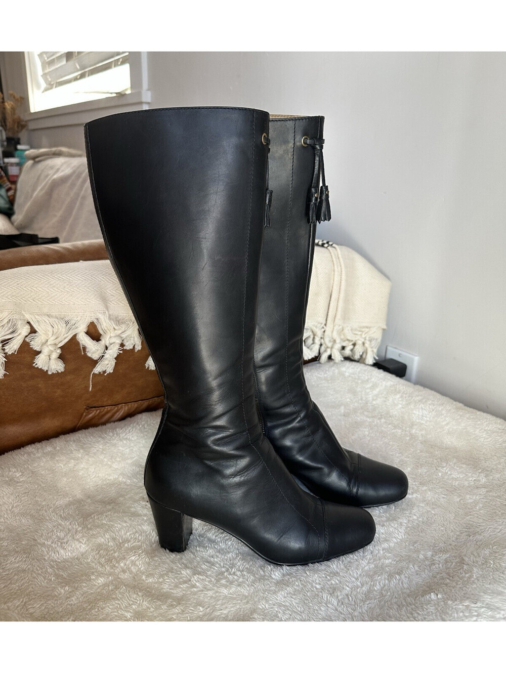The Original Car Shoe Women’s Black Leather Knee-High Square Toe Side Zip- 7.5